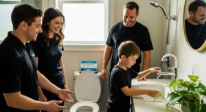 water efficient plumbing, modern bathroom, family